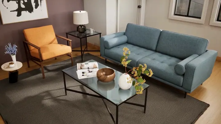 Living room scheme option with a mauve accent wall and a slate blue sofa