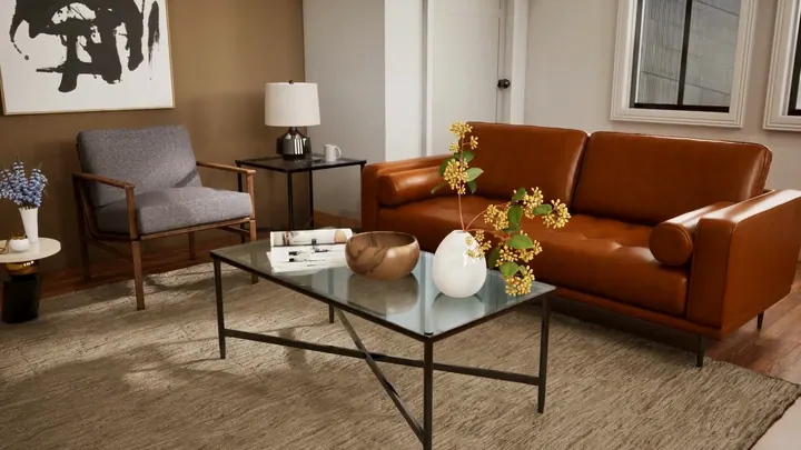 Living room scheme option with a warm tan wall and a cognac leather sofa