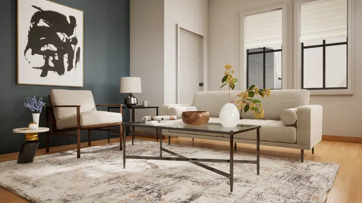 Living room scheme option with a deep teal accent wall and a light linen sofa