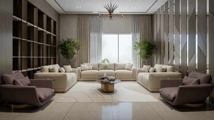 Living room with striped wall panels and curved beige sofas