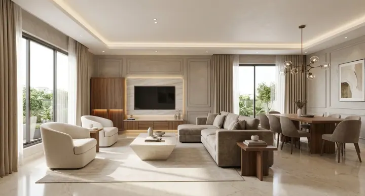 Living room with a TV wall, branch chandelier and dining area
