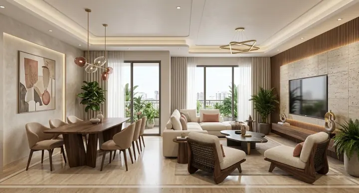 Living room in warm neutrals with a dining area and cove-lit ceiling