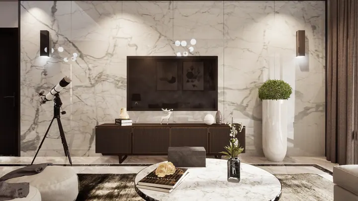 Living room with a full-height statuario marble TV feature wall and dark veneer console