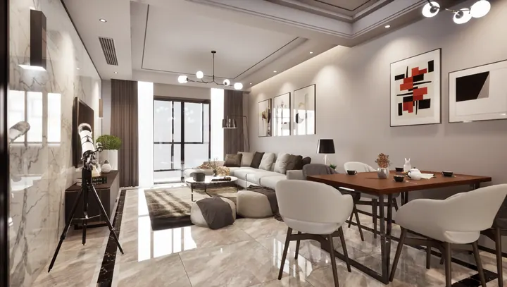 Open-plan living and dining area with marble flooring, cove lighting and a linear chandelier
