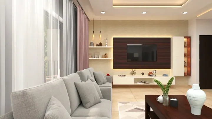 TV unit with wood panelling and open shelves in a living room