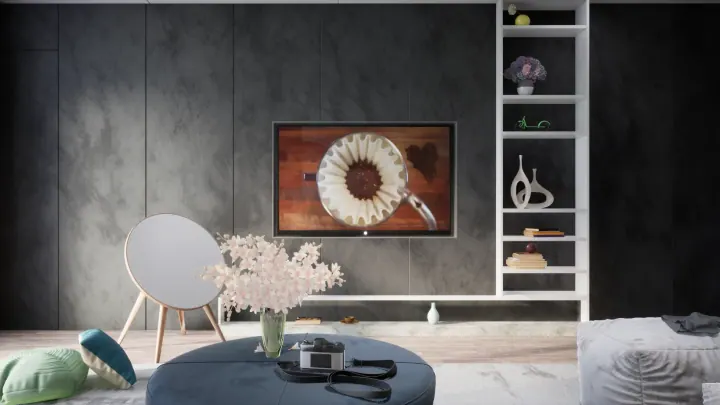 TV wall in a dark concrete-effect panel with white display shelving