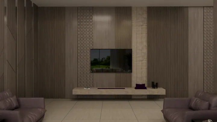 TV wall in wood veneer panelling with patterned inlay strips and a floating console