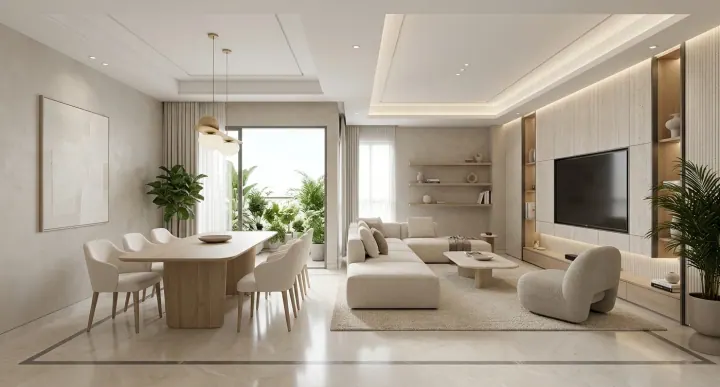 White living room with a TV wall, curved sofa and dining area