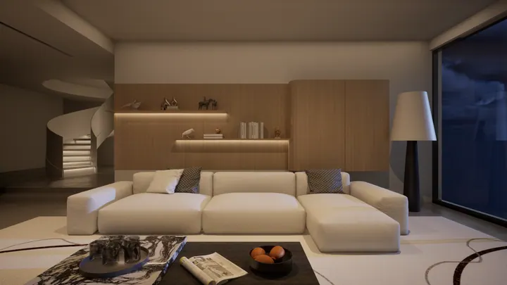 Evening living room with warm oak panelling, backlit display shelves and a low sectional sofa