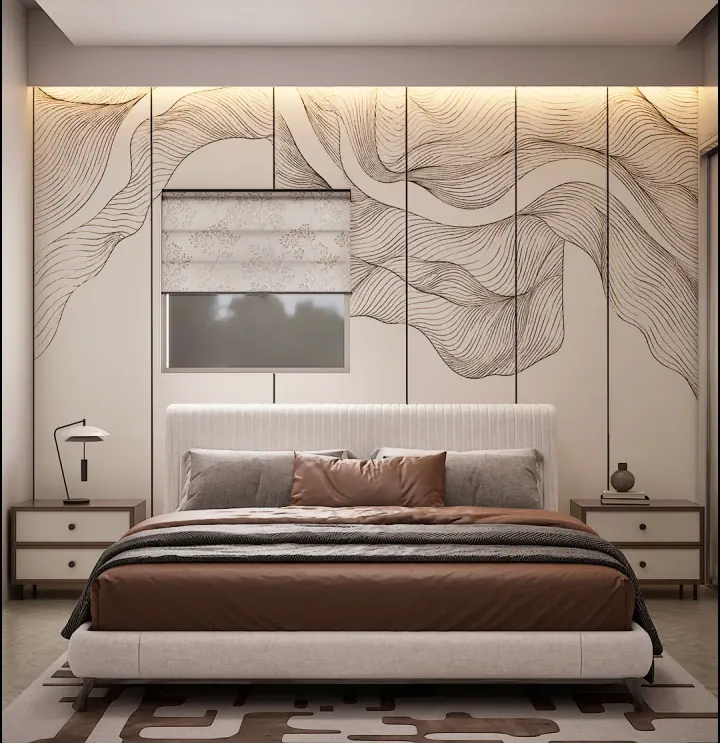 Master bedroom with a line-art headboard wall, cream upholstered bed and rust cushions