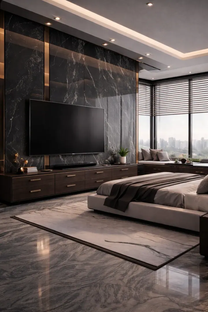 Bedroom TV wall in dark marble with brass trim and a city view