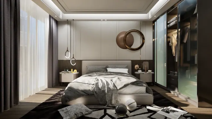 Master bedroom with a grey TV wall, round mirror and a walk-in wardrobe beyond