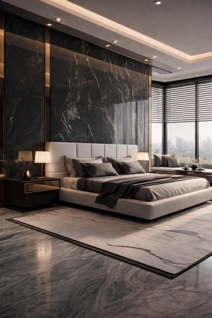 Master bedroom with a black marble feature wall, upholstered bed and city view