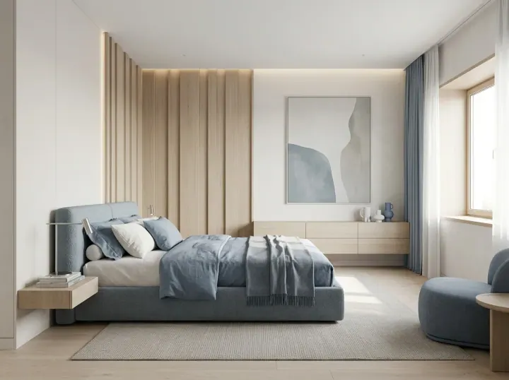 Blue and grey bedroom with fluted wall panelling, a bay window and soft cove lighting