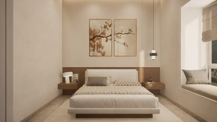 Cream bedroom with cherry blossom art, wood-backed headboard and a bay window seat