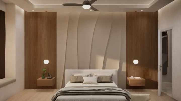 Bedroom with a curved white panel headboard wall, wood surrounds and a ceiling fan