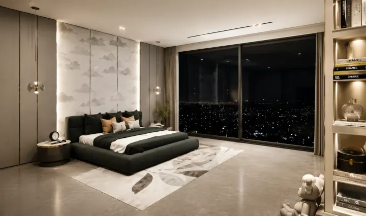 Dark bedroom with a glass wall onto a night city skyline and marble panelling