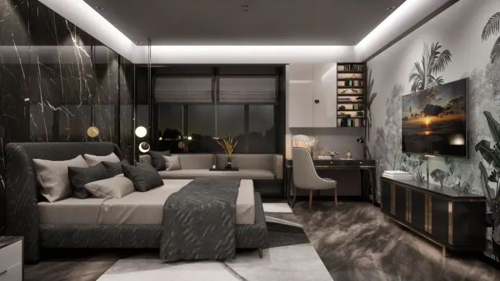 Dark marble master bedroom with a TV wall, study nook and tropical mural