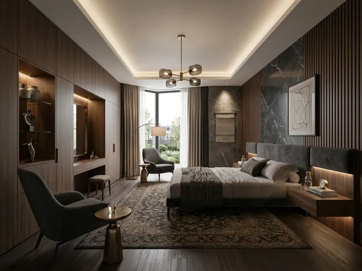 Dark veneer master bedroom with a sputnik chandelier, lounge chair and cove-lit ceiling