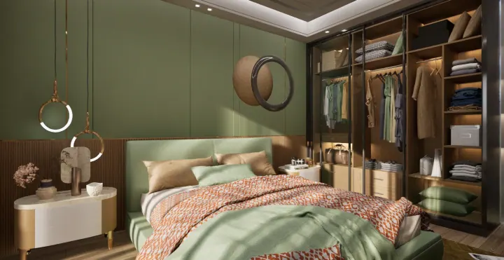 Green bedroom with an open wardrobe wall, ring mirrors and a pendant light