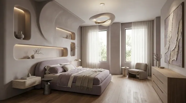 Grey master bedroom with curved backlit wall niches and floor-to-ceiling curtains