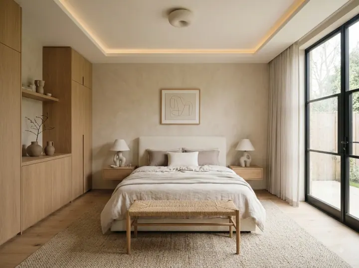 Light oak bedroom with a floor-to-ceiling garden window, cane bench and cove-lit ceiling