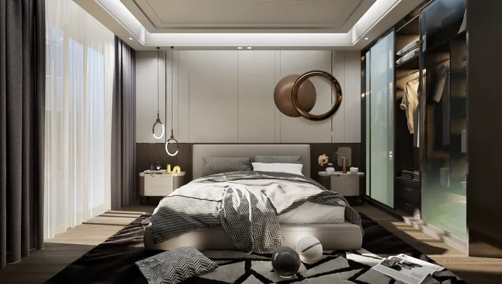 Master bedroom with fluted wood panelling, a sculptural wall piece and a glass-front walk-in wardrobe
