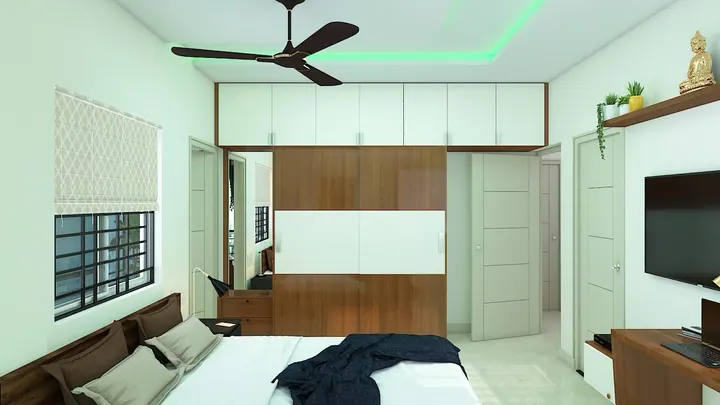 Master bedroom scheme one with a full-height wardrobe wall and cove lighting