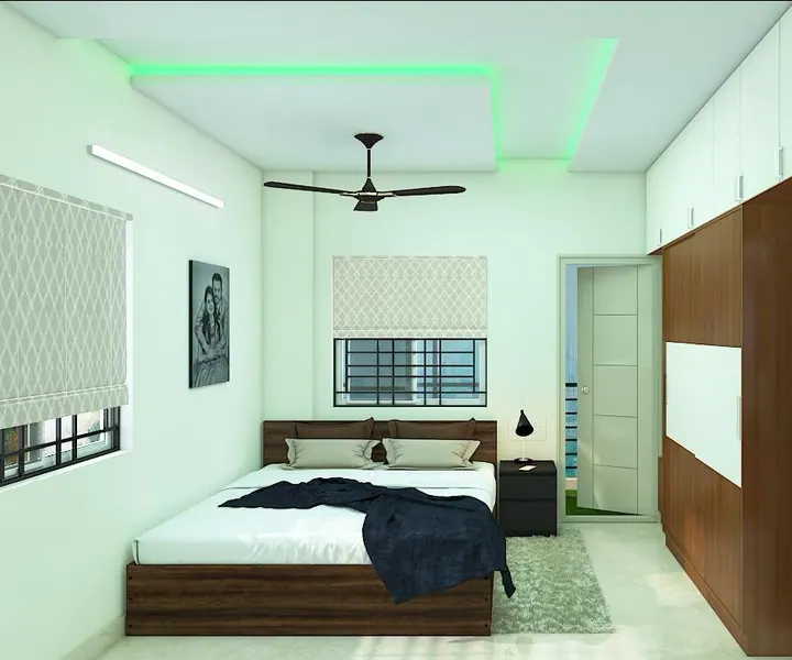 Master bedroom scheme one showing the bed, wardrobe and balcony access