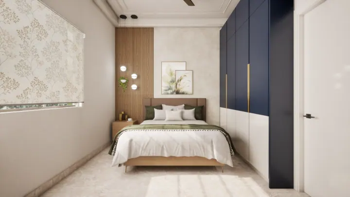 Bedroom with navy blue wardrobes, wood panelling and a floral feature wallpaper