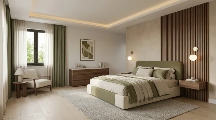 Sage green bedroom with a fluted wall panel, upholstered headboard and oak side units