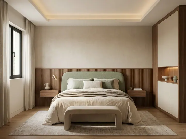Sage bedroom with a fluted headboard wall, cove ceiling and an upholstered bench