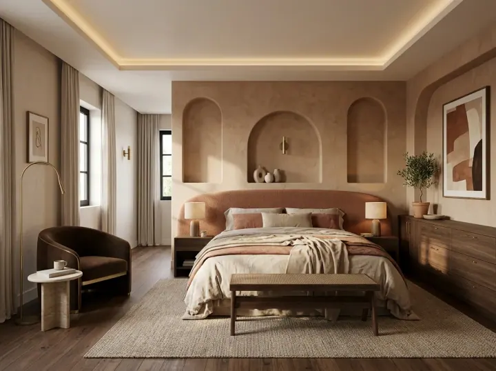 Warm terracotta bedroom with arched wall niches, brown leather armchair and layered rugs