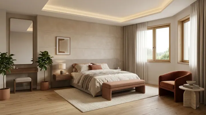 Warm master bedroom with a pink armchair, wall-to-wall carpet and a small dressing corner