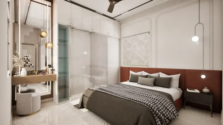 White and burgundy bedroom with a dressing area, pendant lights and checked bedding