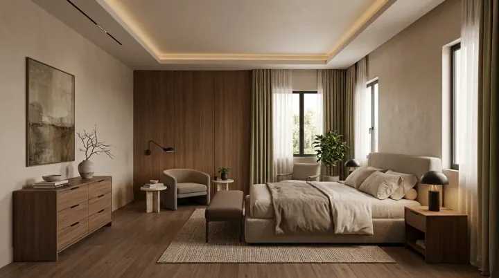 Wood-panelled master bedroom with a cove-lit ceiling, oak dresser and reading chair