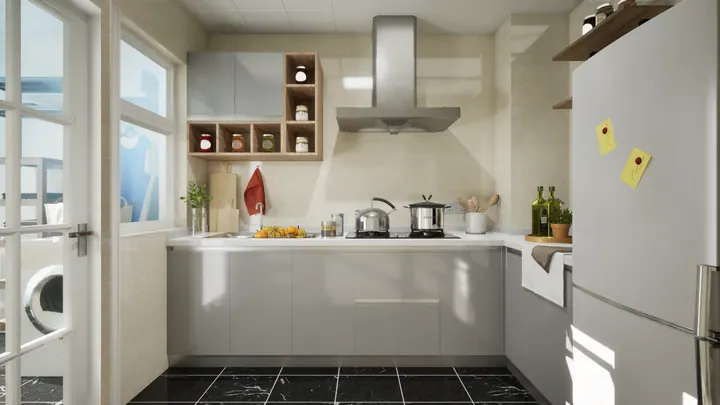 Compact grey modular kitchen with open shelving, chimney and a utility door
