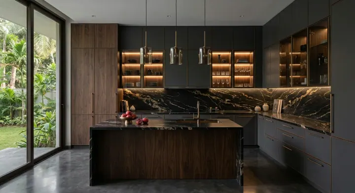 Dark modular kitchen with backlit glass display cabinets and a marble splashback