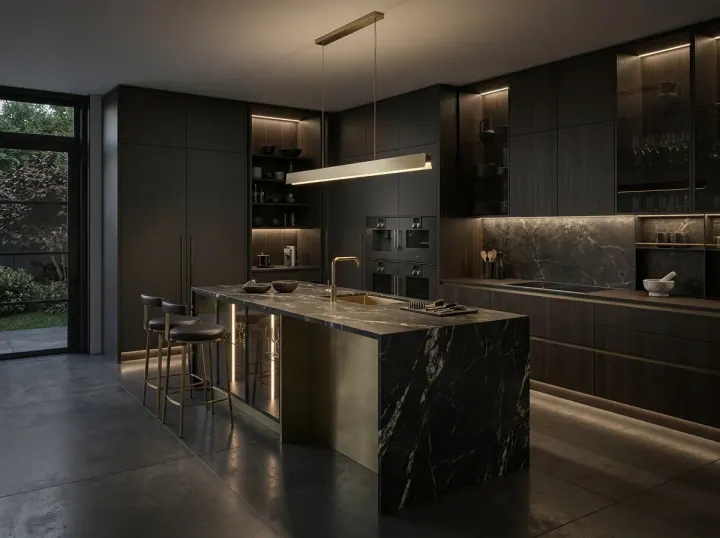 Dark modular kitchen with a black marble island and a garden view