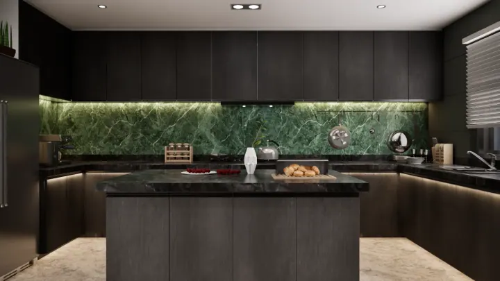 Dark modular kitchen with a green marble splashback and an island