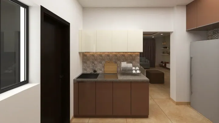 Dusty pink modular kitchen seen from the doorway