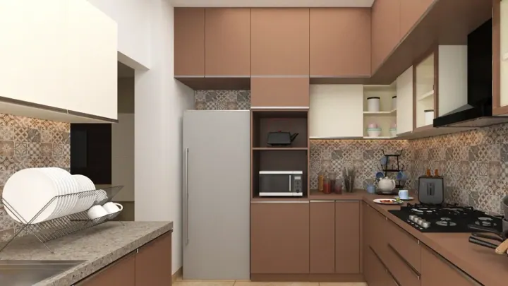 Dusty pink modular kitchen, close view of the hob and microwave niche