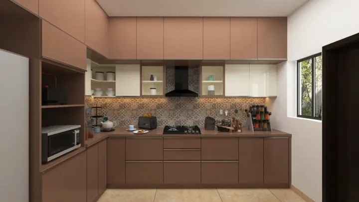 Dusty pink and white L-shaped kitchen with a mosaic tile splashback