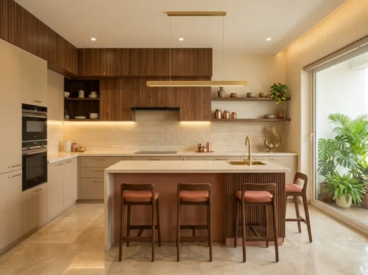 Modular kitchen with an island, pink bar stools and wood cabinets