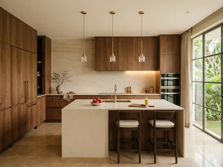 Modular kitchen with an island, walnut tall units and glass pendant lights