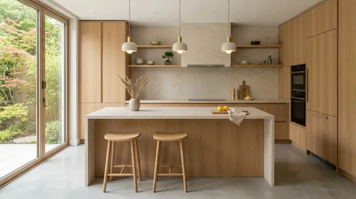 Oak modular kitchen with an island, floating shelves and a garden view