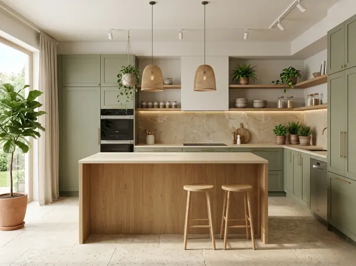 Sage green modular kitchen with an oak island and rattan pendants