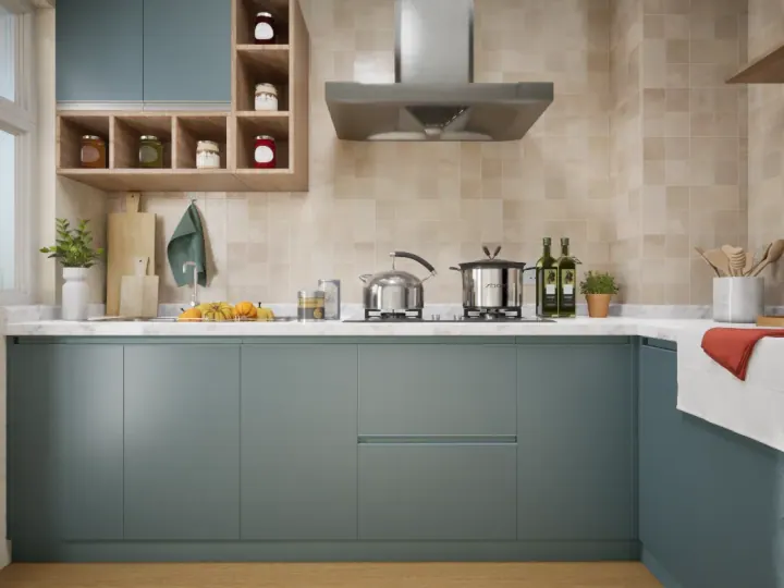Teal blue parallel kitchen with a tile splashback and open shelves