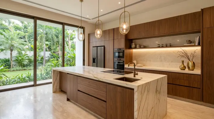Walnut modular kitchen with a marble island and glass pendants