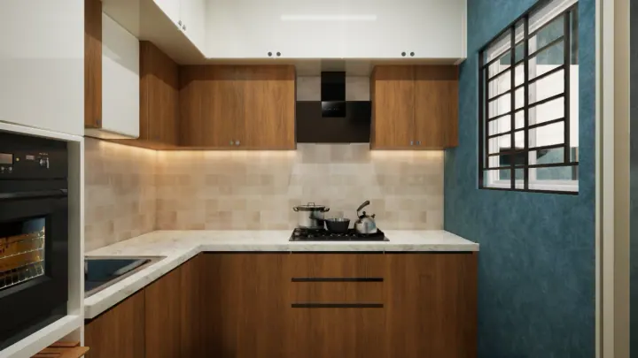 Walnut and teal modular kitchen with a tile splashback and window